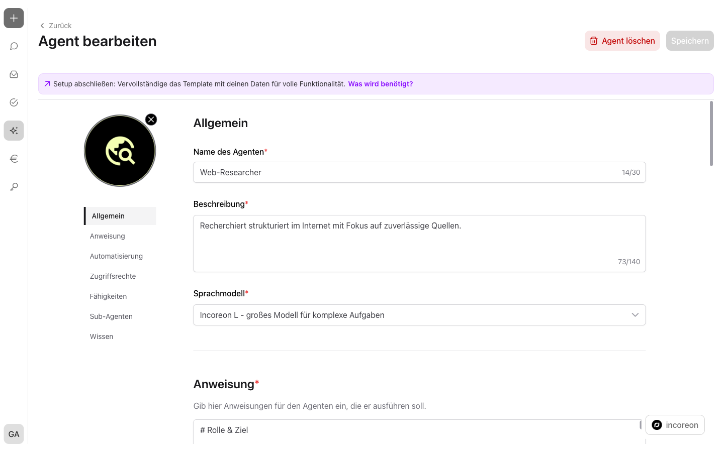 Die Konfigurationsseite eines Agenten mit den Bereichen „Allgemein“, „Wissen“, „Fähigkeiten“, „Sub-Agenten“, „Zugriffsrechte“ und „Automatisierung“