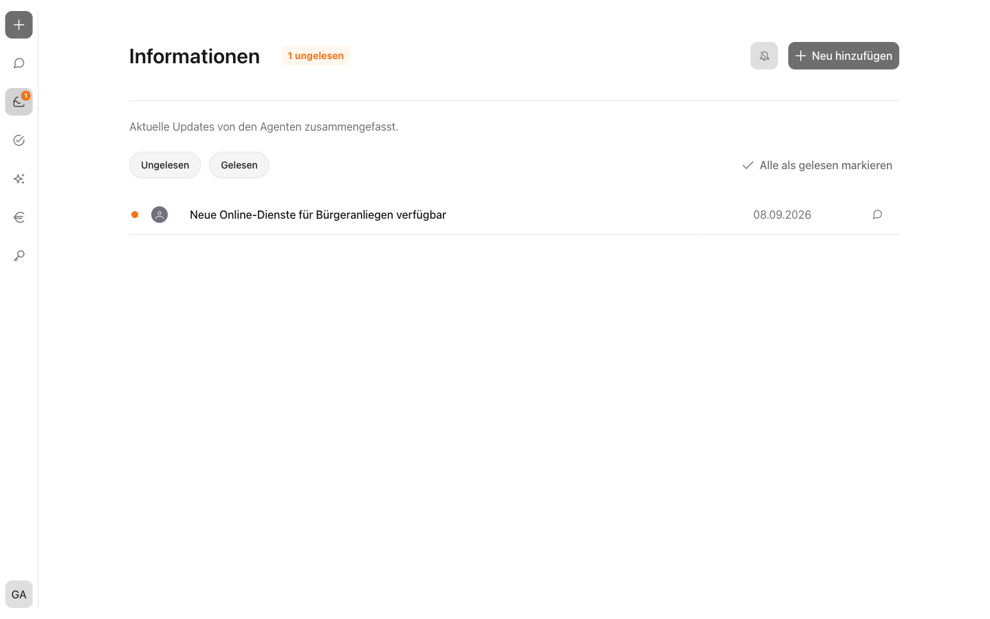 Die Informationsübersicht mit Filter und Liste der Informationen
